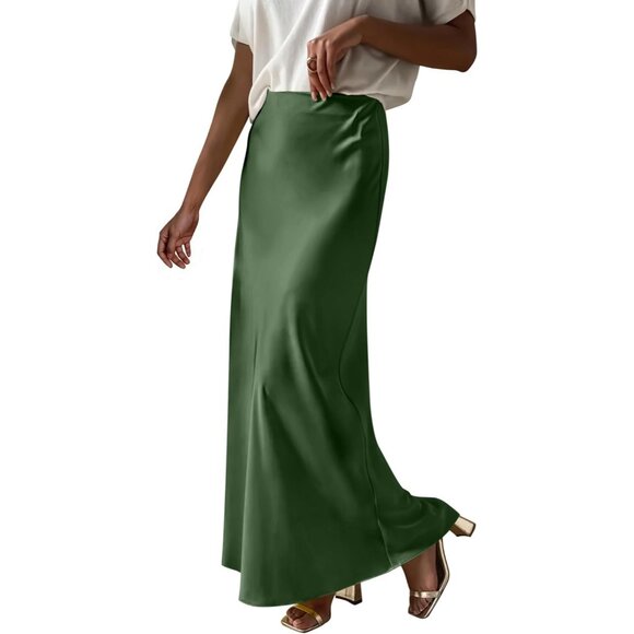 Dresses & Skirts - Women's Army Green Satin Dressy Casual Zipped High Waisted Flowy Silk Maxi Skirt